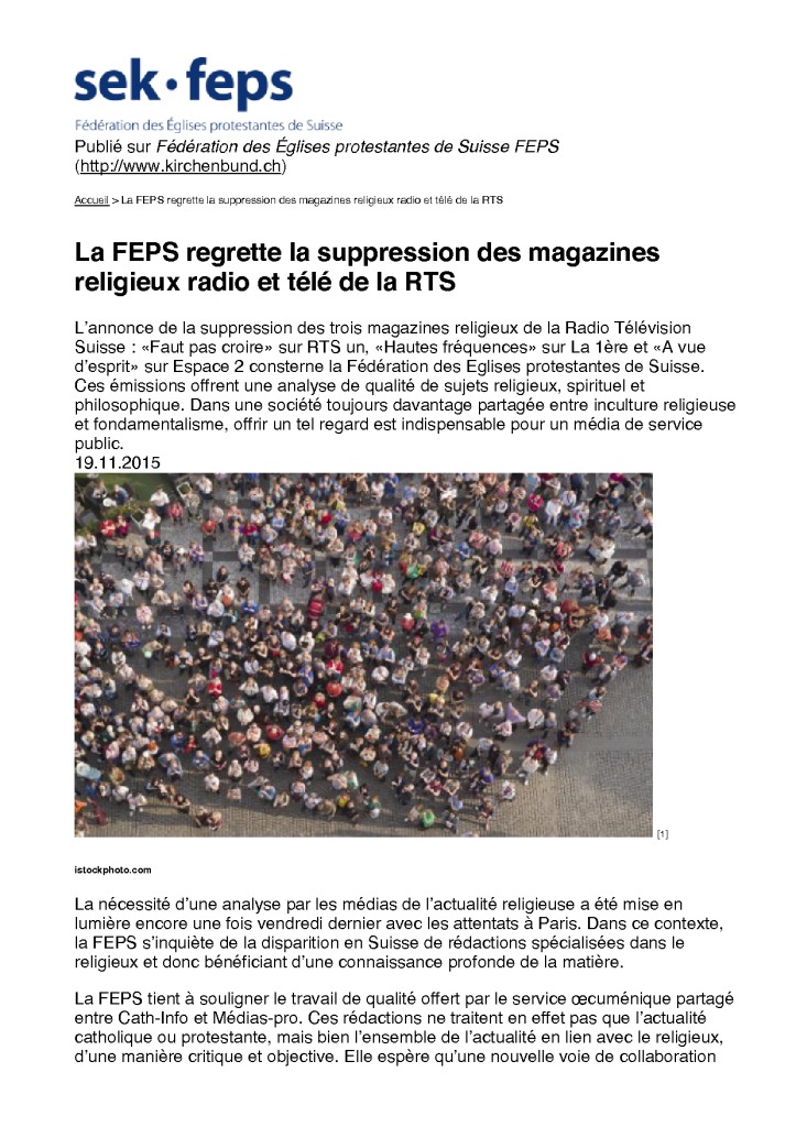 2015-11-19 La FEPS regrette la suppression des magazines religieux radio et télé de la RTS
