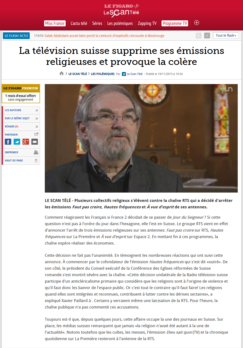 2015-11-19 La télévision suisse supprime ses émissions religieuses et provoque la colère (TVmag öe Figaro)