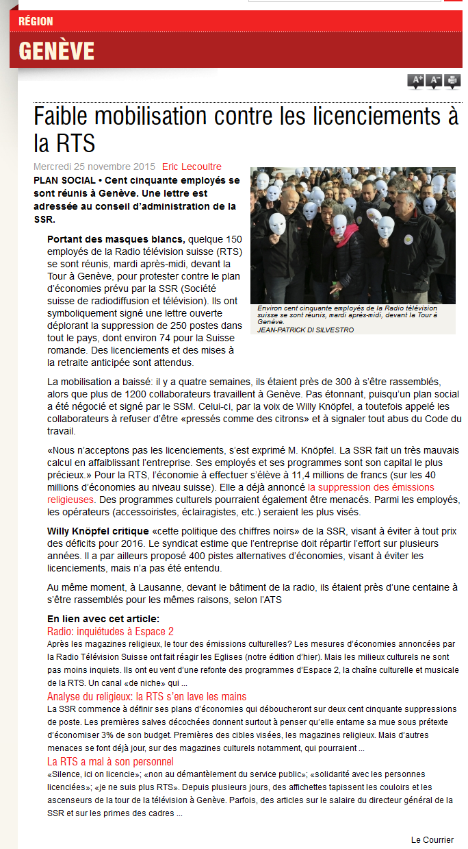 2015-11-25 Faible mobilisation contre les licenciements à la RTS (Le Courrier)