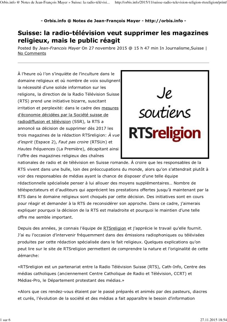 2015-11-27 Suisse - La radio-télévision veut supprimer les magazines religieux, mais le public réagit, JF Mayer (Orbis.info)