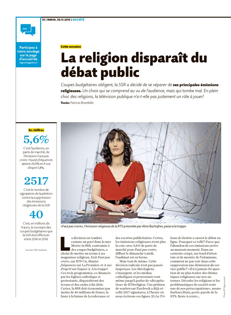 2015-11-30 La religion disparaît du débat public (Migros Magazine)
